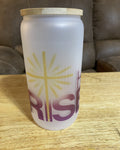 Frosted Can Shaped Glass Jar With Wood Lid and Straw 16oz