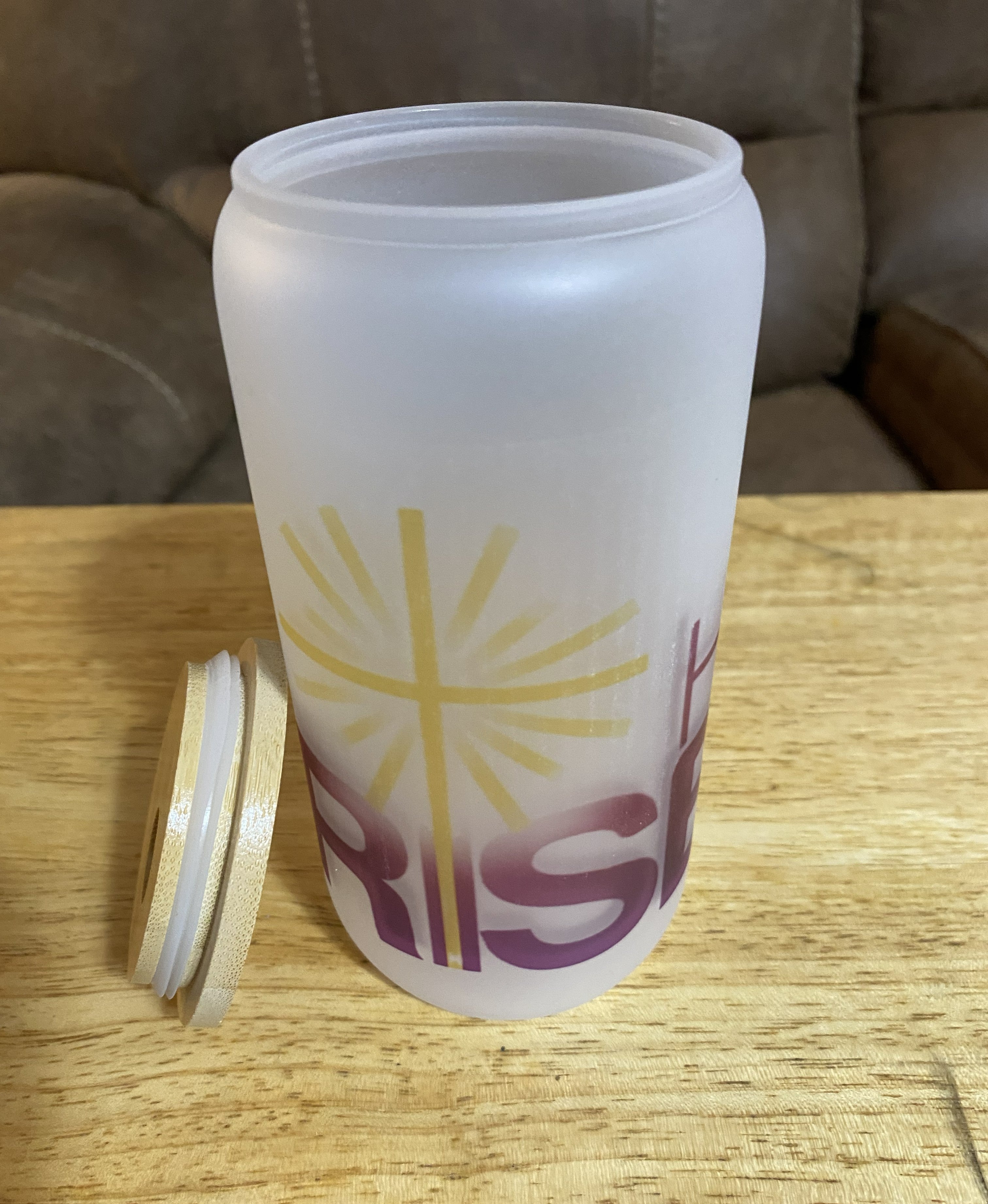 Frosted Can Shaped Glass Jar With Wood Lid and Straw 16oz